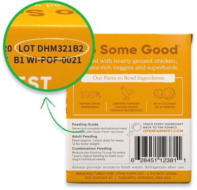 close up of product packaging with lot code callout