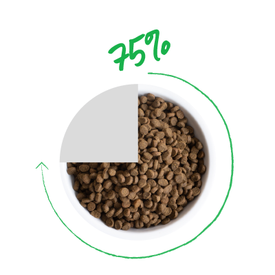 dry kibble in white bowl photographed from above with 25% old pet food & 75% Open Farm food icon