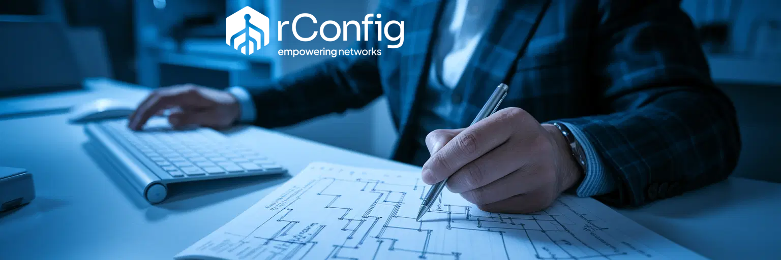 A person in a suit works at a desk, analyzing a technical diagram. The setting is professional and focused. “rConfig” logo is in the top left corner.