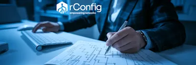 A person in a suit works at a desk, analyzing a technical diagram. The setting is professional and focused. “rConfig” logo is in the top left corner.