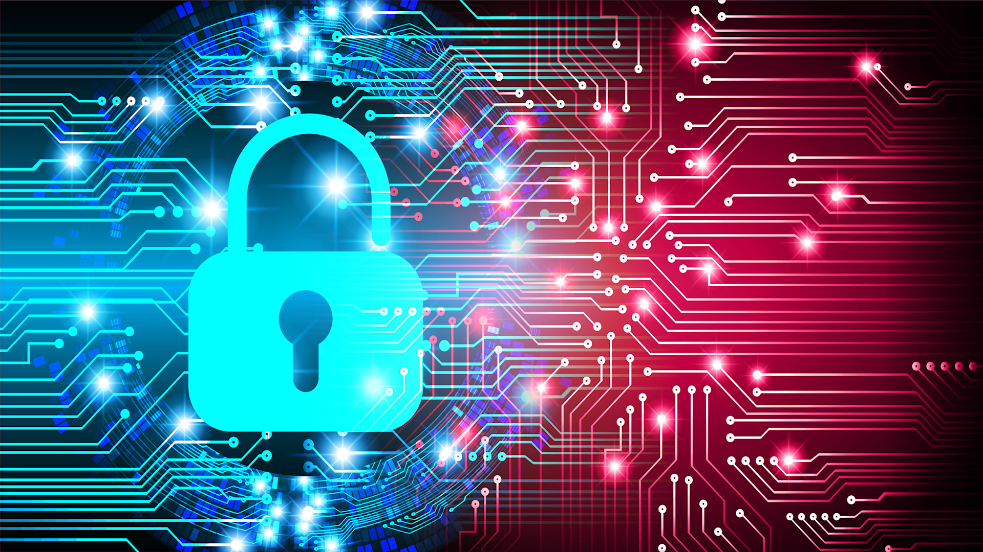 A blue padlock icon on a digital circuit background with glowing blue and red lines, symbolizing cybersecurity and data protection.