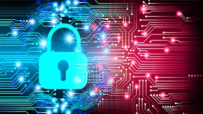 A blue padlock icon on a digital circuit background with glowing blue and red lines, symbolizing cybersecurity and data protection.
