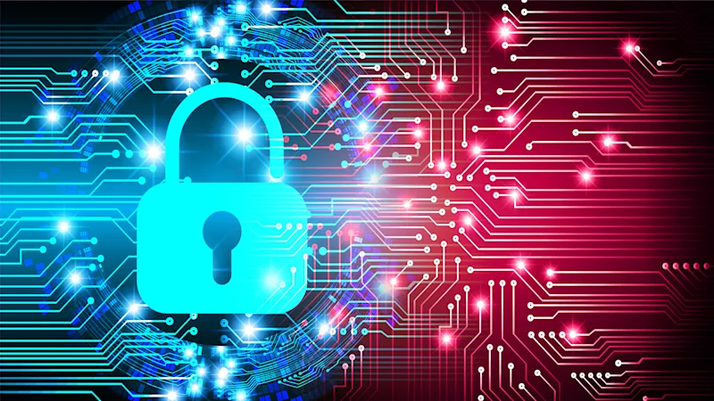 A blue padlock icon on a digital circuit background with glowing blue and red lines, symbolizing cybersecurity and data protection.
