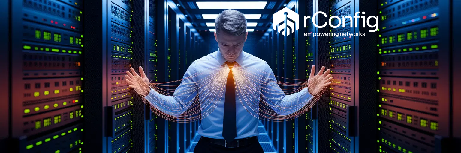 A man in a server room stands with outstretched arms, emitting digital lines from his chest. The "rConfig, empowering networks" logo is in the corner.