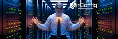 A man in a server room stands with outstretched arms, emitting digital lines from his chest. The "rConfig, empowering networks" logo is in the corner.