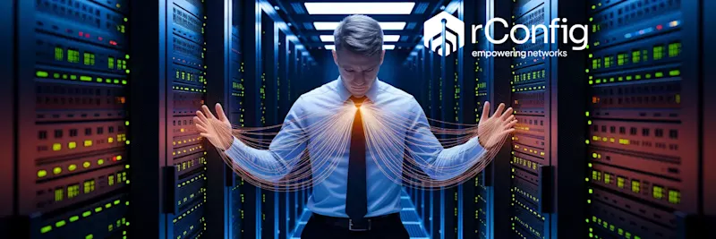 A man in a server room stands with outstretched arms, emitting digital lines from his chest. The "rConfig, empowering networks" logo is in the corner.