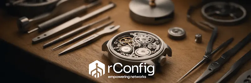 Close-up of a disassembled watch with gears and tools on a wooden surface, showcasing precision. The text 'rConfig empowering networks' is overlaid.