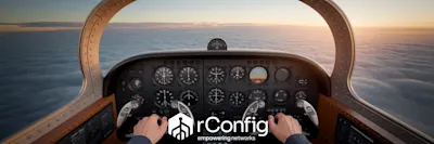 Cockpit view over clouds at sunrise, with hands on plane controls. Instrument dials are visible. Text reads "rConfig, empowering networks." Calm tone.