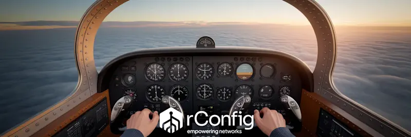 Cockpit view over clouds at sunrise, with hands on plane controls. Instrument dials are visible. Text reads "rConfig, empowering networks." Calm tone.