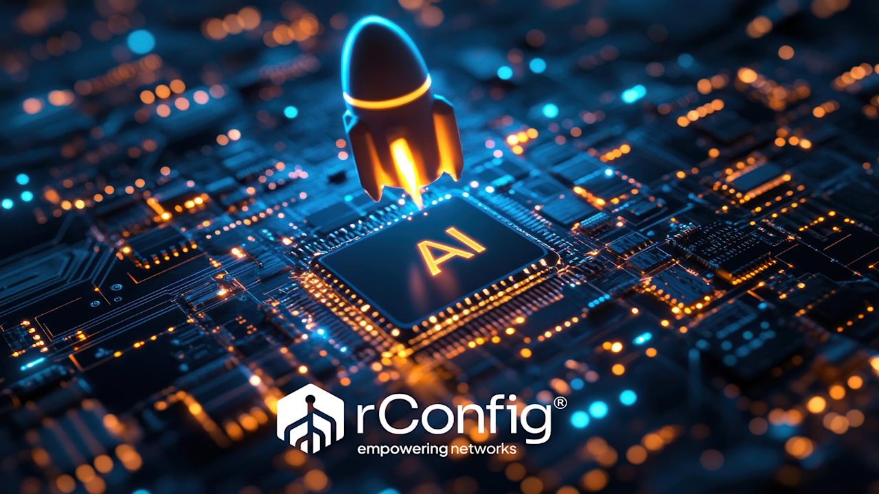 Rocket launching from a glowing AI chip on a circuit board, symbolizing innovation and technology. Text: "rConfig, empowering networks."