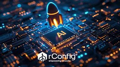 Rocket launching from a glowing AI chip on a circuit board, symbolizing innovation and technology. Text: "rConfig, empowering networks."