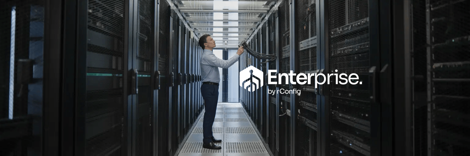 A person adjusts cables in a dimly lit server room with rows of equipment. The text "Enterprise by Config" appears, conveying a professional tone.