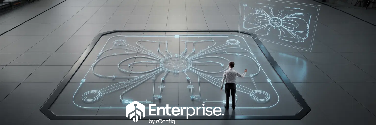 A person stands in a futuristic room, interacting with a large, illuminated floor display showing a complex geometric design. A similar design floats above.