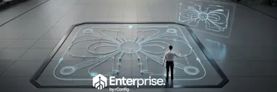 A person stands in a futuristic room, interacting with a large, illuminated floor display showing a complex geometric design. A similar design floats above.