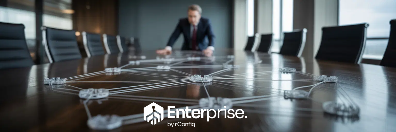 A man leans over a conference table, analyzing a network diagram. The room has modern chairs and a professional tone. Text reads "Enterprise by rConfig."