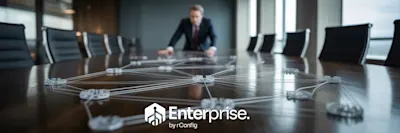 A man leans over a conference table, analyzing a network diagram. The room has modern chairs and a professional tone. Text reads "Enterprise by rConfig."