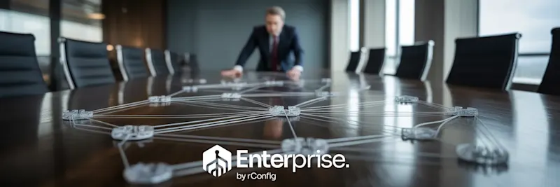 A man leans over a conference table, analyzing a network diagram. The room has modern chairs and a professional tone. Text reads "Enterprise by rConfig."