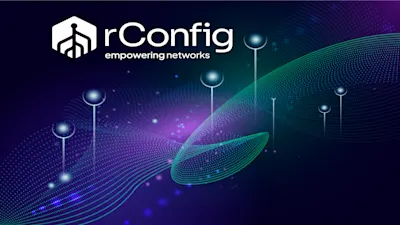 Futuristic design with glowing spheres connected by lines on a dark purple background. White text reads, “rConfig, empowering networks,” conveying innovation.