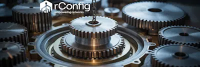Close-up of interlocking metal gears, symbolizing precision and teamwork. "rConfig: empowering networks" logo in the top left. Mechanical and efficient tone.