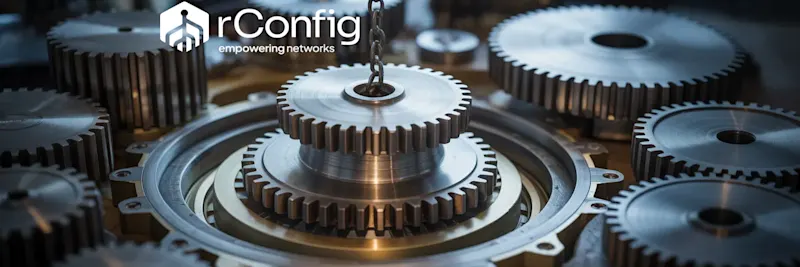 Close-up of interlocking metal gears, symbolizing precision and teamwork. "rConfig: empowering networks" logo in the top left. Mechanical and efficient tone.