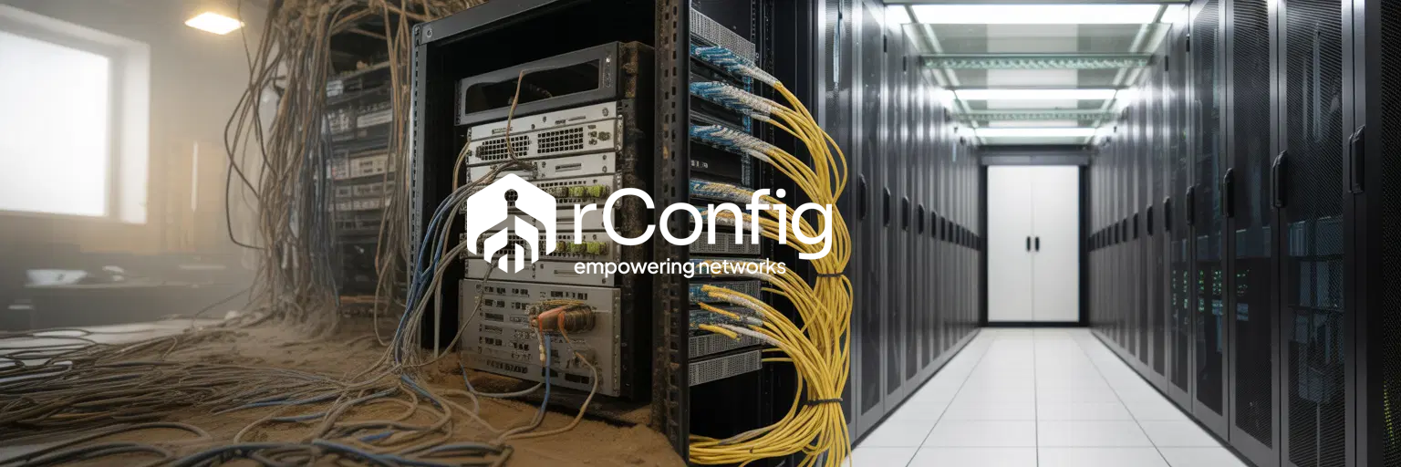 A tidy network rack beside a cluttered rack, showing two ways to manage network systems
