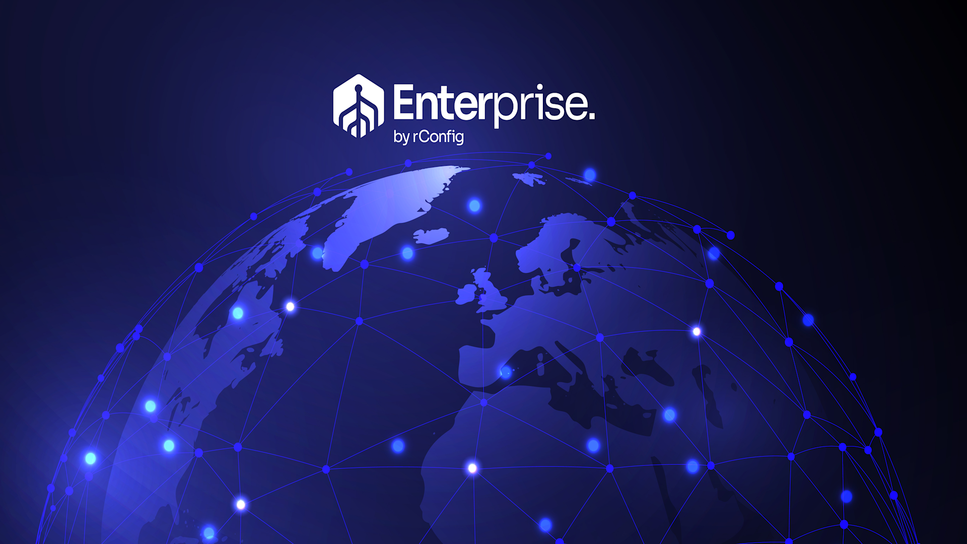 Digital globe with glowing blue network lines and dots on a dark background. "Enterprise by rConfig" is centered, suggesting global connectivity.