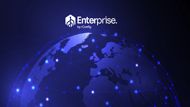 Digital globe with glowing blue network lines and dots on a dark background. "Enterprise by rConfig" is centered, suggesting global connectivity.