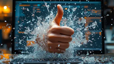 A thumbs-up hand bursts through a laptop screen, surrounded by shattered glass pieces. The scene conveys a dynamic, energetic, and positive tone.