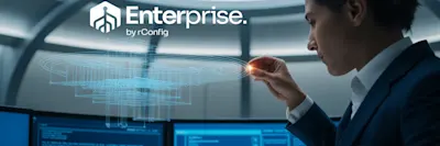 A professional in a suit interacts with a digital hologram above computer monitors, suggesting advanced technology. "Enterprise by rConfig" is displayed above.