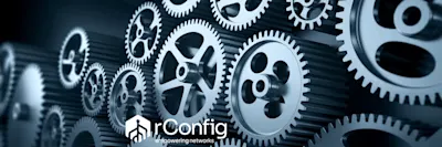Close-up of interlocking steel gears conveying precision and teamwork. The rConfig logo with the tagline 'empowering networks' is in the foreground.