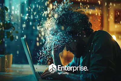 A person with disheveled hair sits at a laptop, surrounded by a digital effect suggesting data flow. The mood is intense, highlighting technology. Text reads "Enterprise by rConfig."