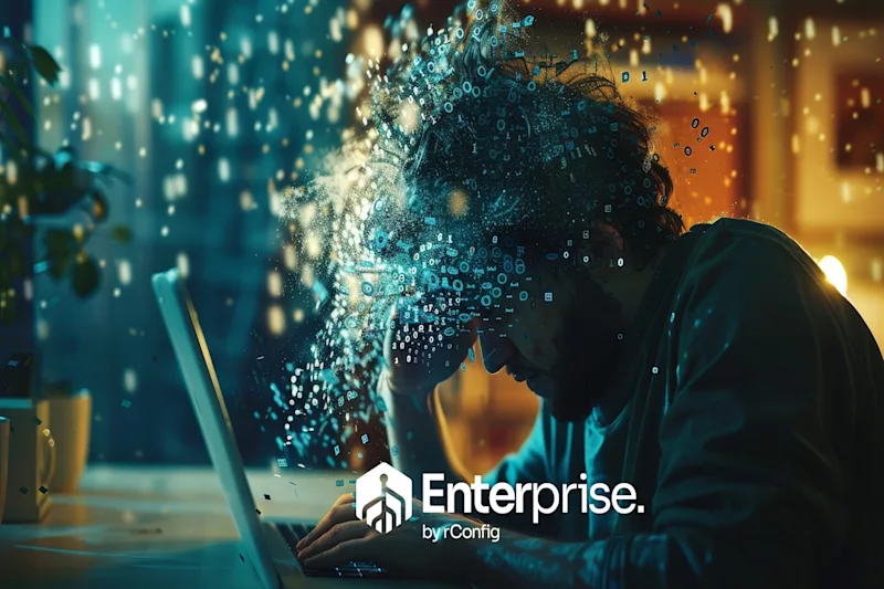 A person with disheveled hair sits at a laptop, surrounded by a digital effect suggesting data flow. The mood is intense, highlighting technology. Text reads "Enterprise by rConfig."