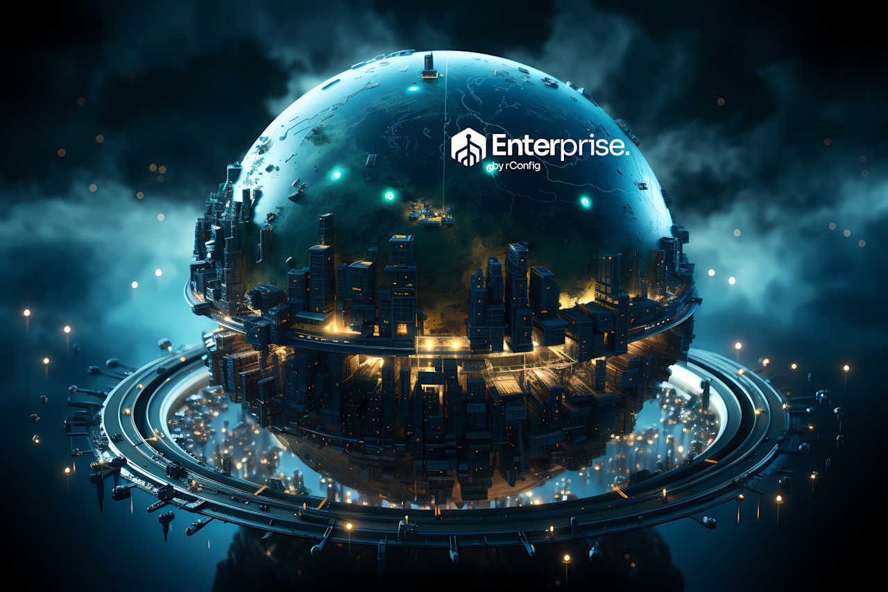 Futuristic cityscape on a glowing sphere against a dark sky, surrounded by rings and lights, with a "Enterprise" logo. Sci-fi, technological ambiance.