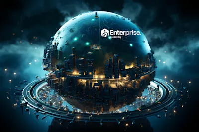 Futuristic cityscape on a glowing sphere against a dark sky, surrounded by rings and lights, with a "Enterprise" logo. Sci-fi, technological ambiance.
