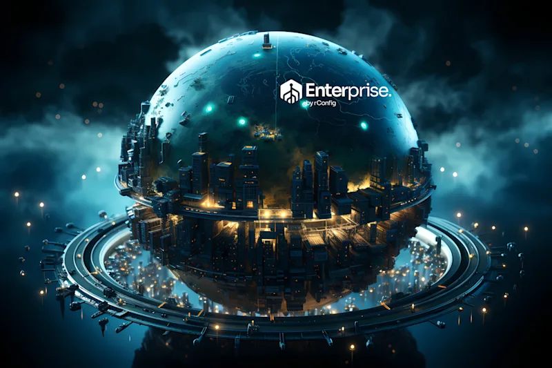 Futuristic cityscape on a glowing sphere against a dark sky, surrounded by rings and lights, with a "Enterprise" logo. Sci-fi, technological ambiance.
