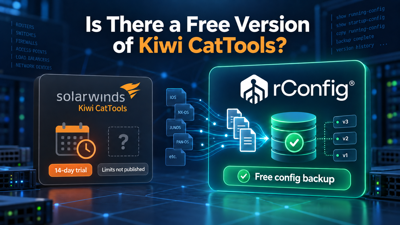 Graphic compares SolarWinds Kiwi CatTools’ 14-day trial with rConfig’s free config backup, featuring servers, files, database, and checkmarks.