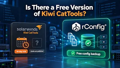 Graphic compares SolarWinds Kiwi CatTools’ 14-day trial with rConfig’s free config backup, featuring servers, files, database, and checkmarks.