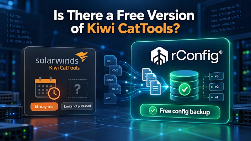 Graphic compares SolarWinds Kiwi CatTools’ 14-day trial with rConfig’s free config backup, featuring servers, files, database, and checkmarks.