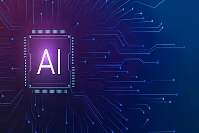 Image of AI text inside a chip with network lines coming from it across a darkblue gradient to purple background