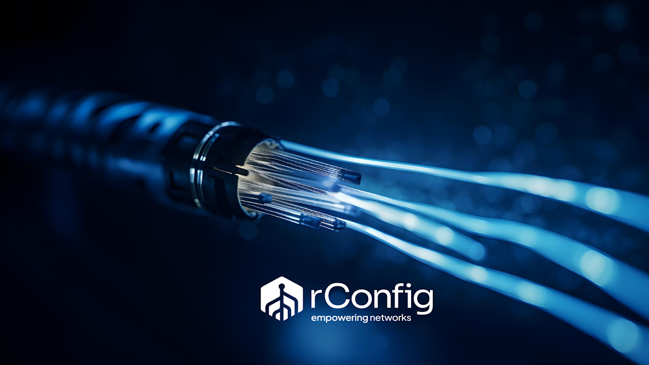 Close-up of glowing fiber optic cables with a blurred background, conveying high-tech connectivity. "rConfig: empowering networks" logo is displayed.