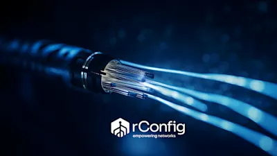 Close-up of glowing fiber optic cables with a blurred background, conveying high-tech connectivity. "rConfig: empowering networks" logo is displayed.
