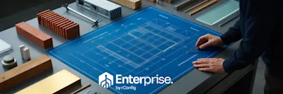 A person examines a detailed architectural blueprint on a table surrounded by materials and tools. The logo "Enterprise by rConfig" appears prominently.