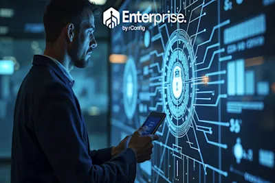 A man in a suit uses a tablet while looking at a large digital display with futuristic security graphics. The scene conveys a high-tech, secure atmosphere.
