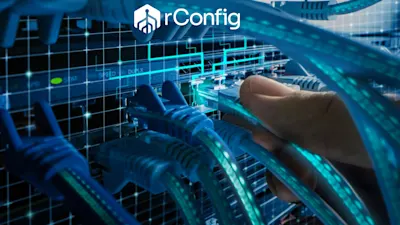 A hand connects a blue Ethernet cable to a network rack with glowing LEDs, conveying technology and connectivity. "rConfig" logo is visible at the top.