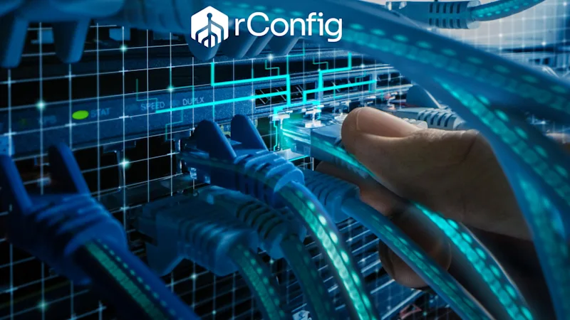 A hand connects a blue Ethernet cable to a network rack with glowing LEDs, conveying technology and connectivity. "rConfig" logo is visible at the top.