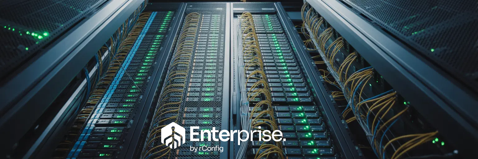 Data center server racks filled with glowing green lights and organized cables. The logo 'Enterprise by iConfig' appears in the foreground.