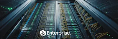 Data center server racks filled with glowing green lights and organized cables. The logo 'Enterprise by iConfig' appears in the foreground.