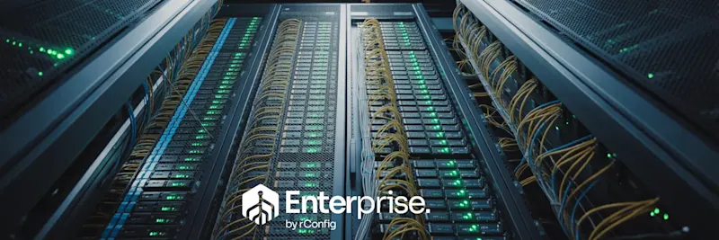 Data center server racks filled with glowing green lights and organized cables. The logo 'Enterprise by iConfig' appears in the foreground.