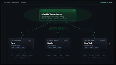 Diagram showing a central Vector Server controlling three agents in Paris, Dublin, and New York. Connected by outbound TLS, labeled "data flow."