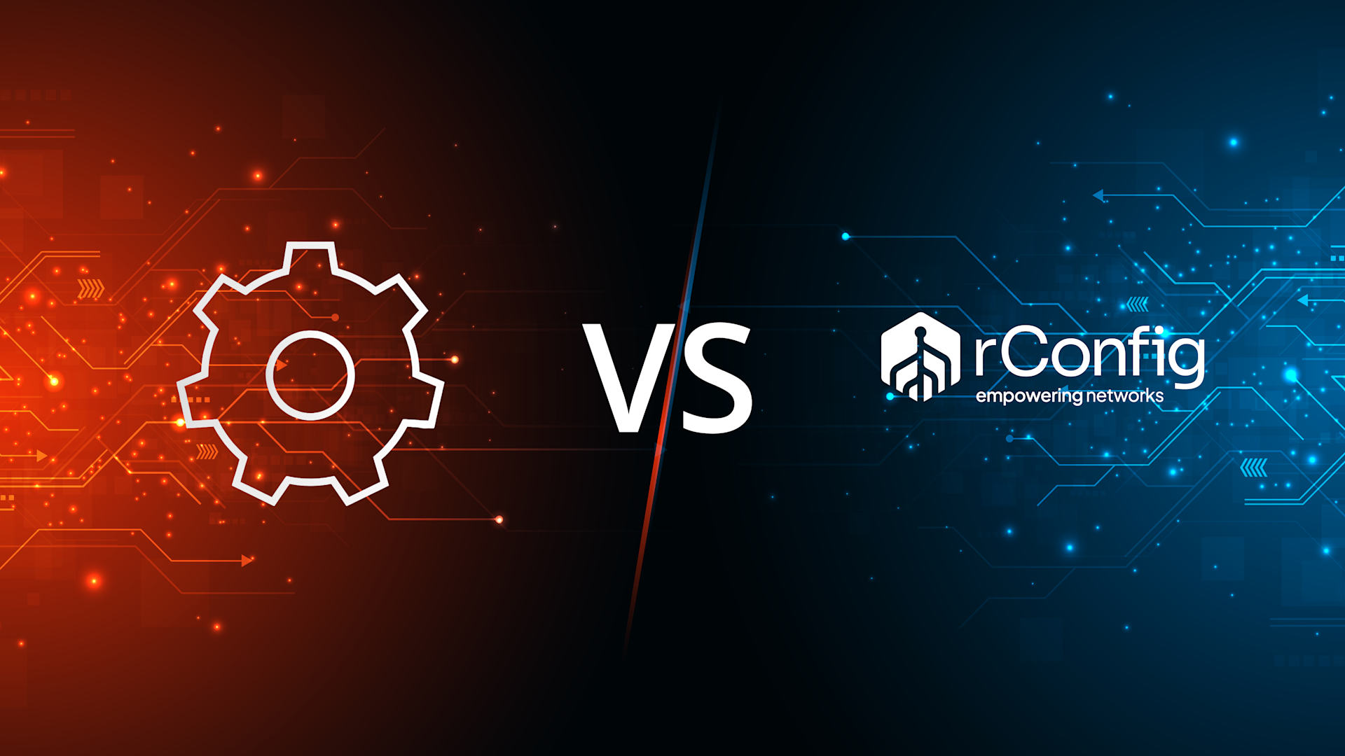 Split-screen graphic with a red gear on the left and blue circuit-like lines on the right, featuring "VS" in the center. "rConfig empowering networks" is visible on the blue side, suggesting a comparison.